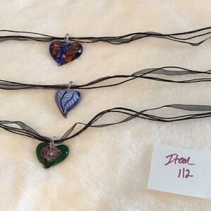 Lot of 3 glass heart necklaces with cord & ribbon